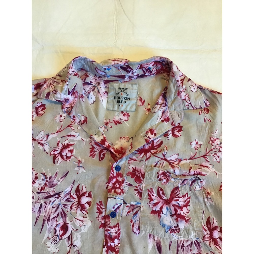 Bouton Bleu Mens Large Floral Tropical Short Sleeve Button Down Shirt Grey Red - Picture 2 of 3